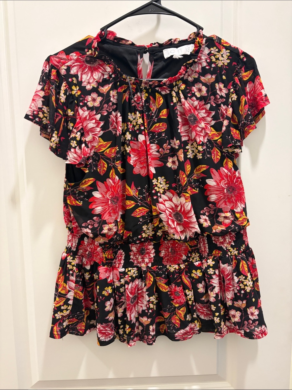 Floral Smocked Waist Flutter Sleeve Top - Black with Red Floral